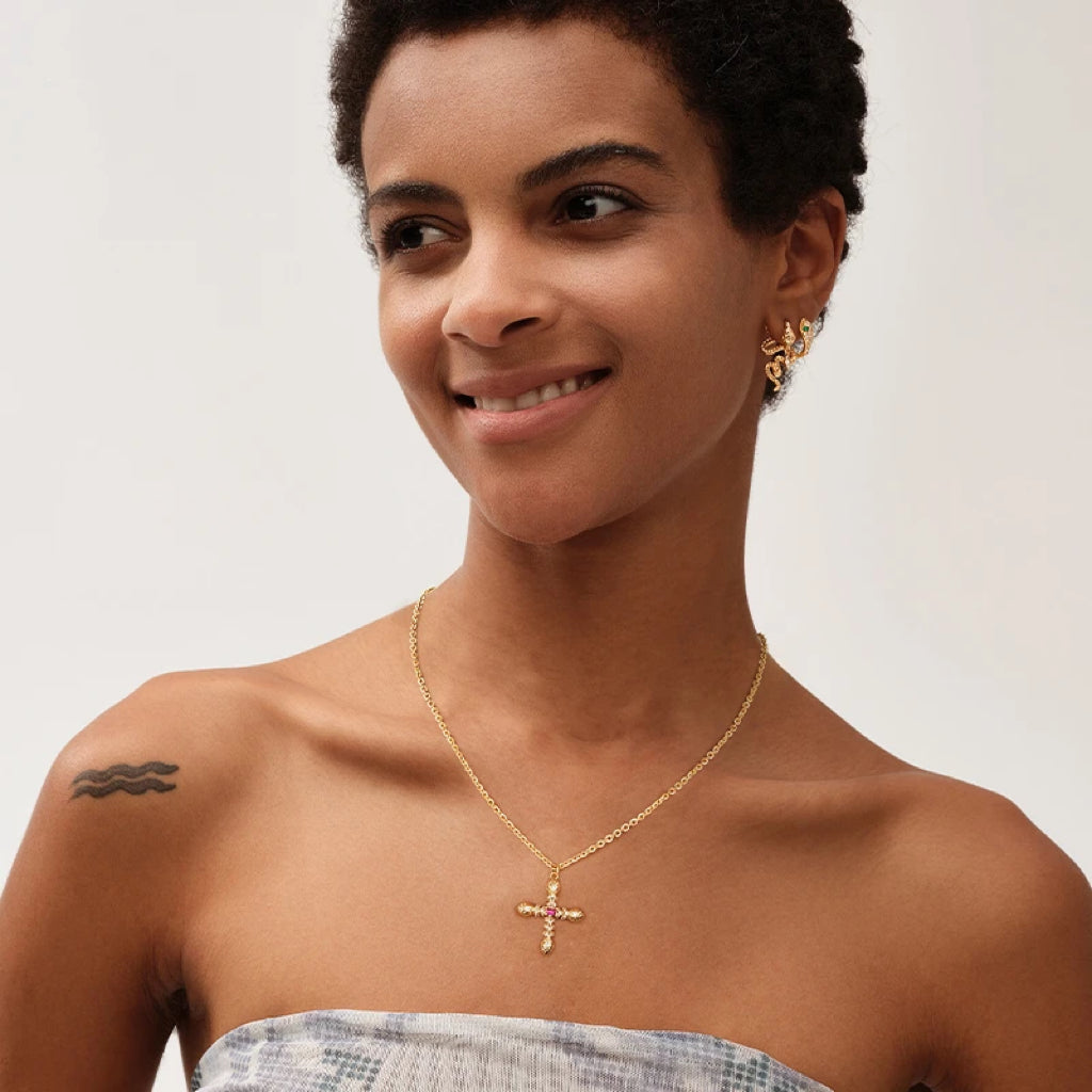 14K gold Serpent-Embossed Cross