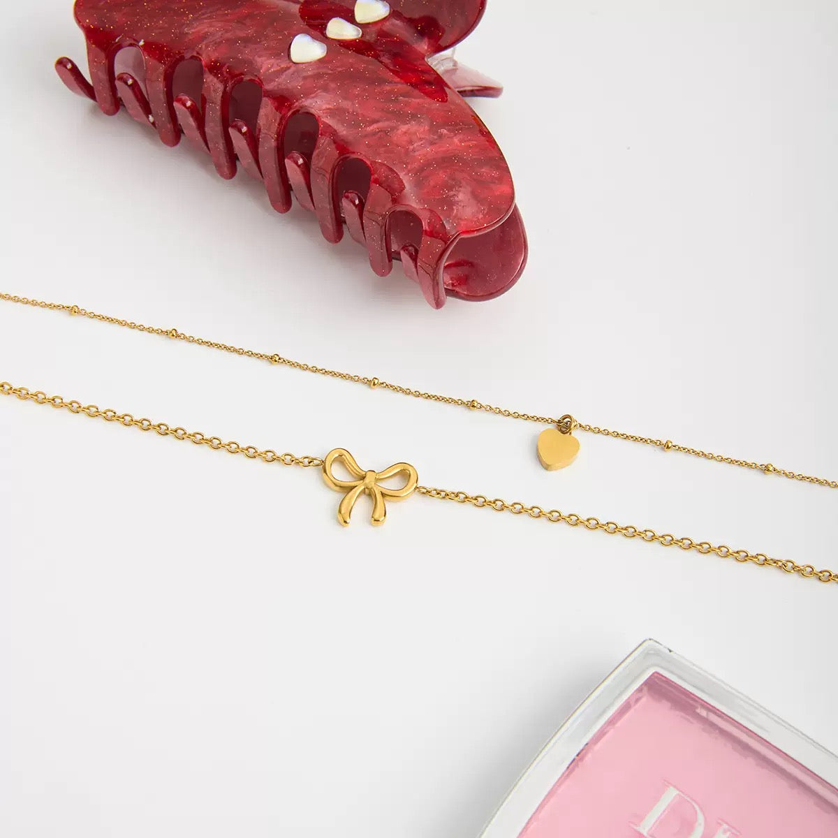 18K Gold Bow & Heart Layered Necklace