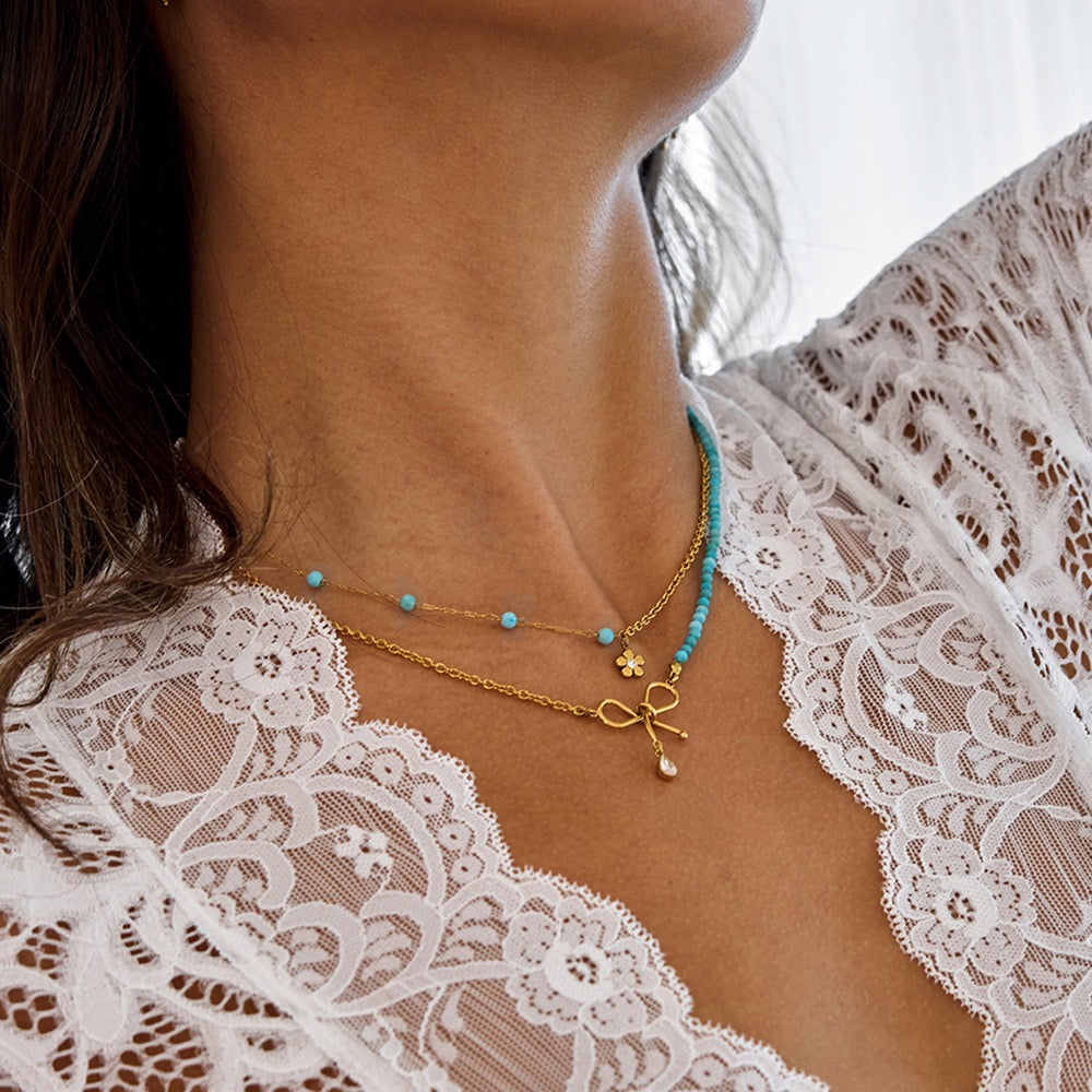 18K Gold Turquoise Bow Layered Necklace