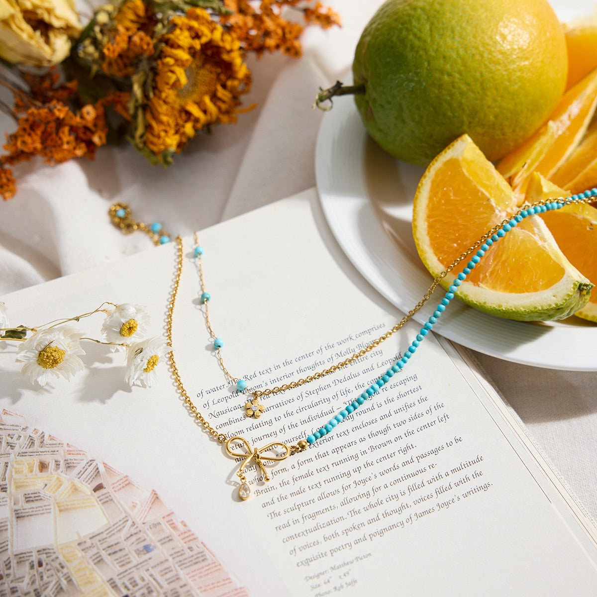 18K Gold Turquoise Bow Layered Necklace