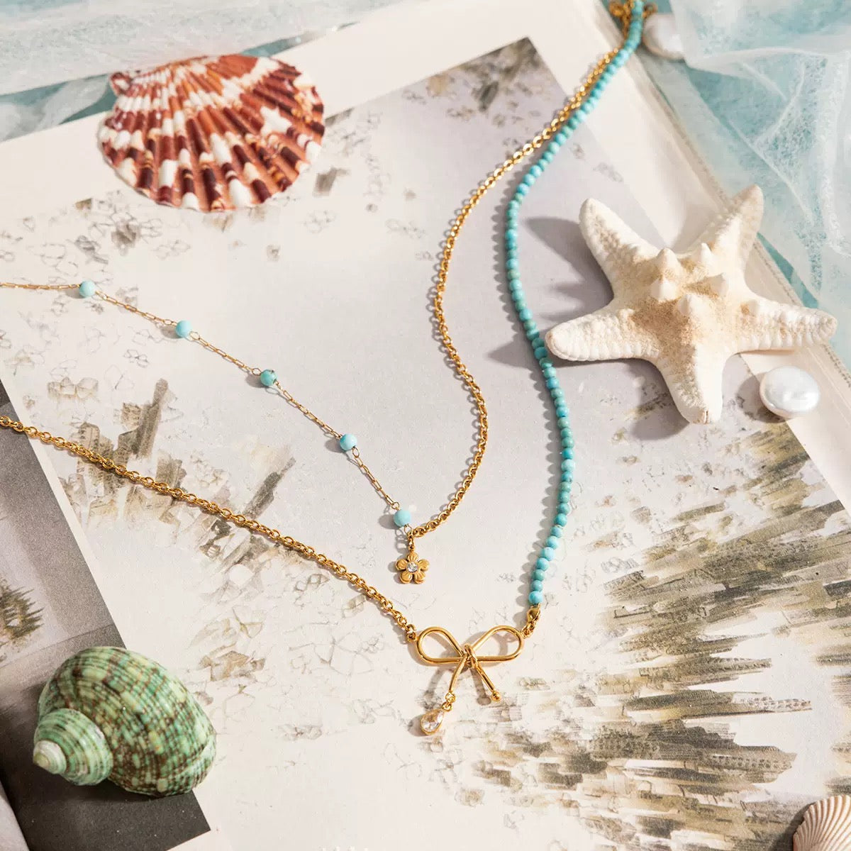 18K Gold Turquoise Bow Layered Necklace
