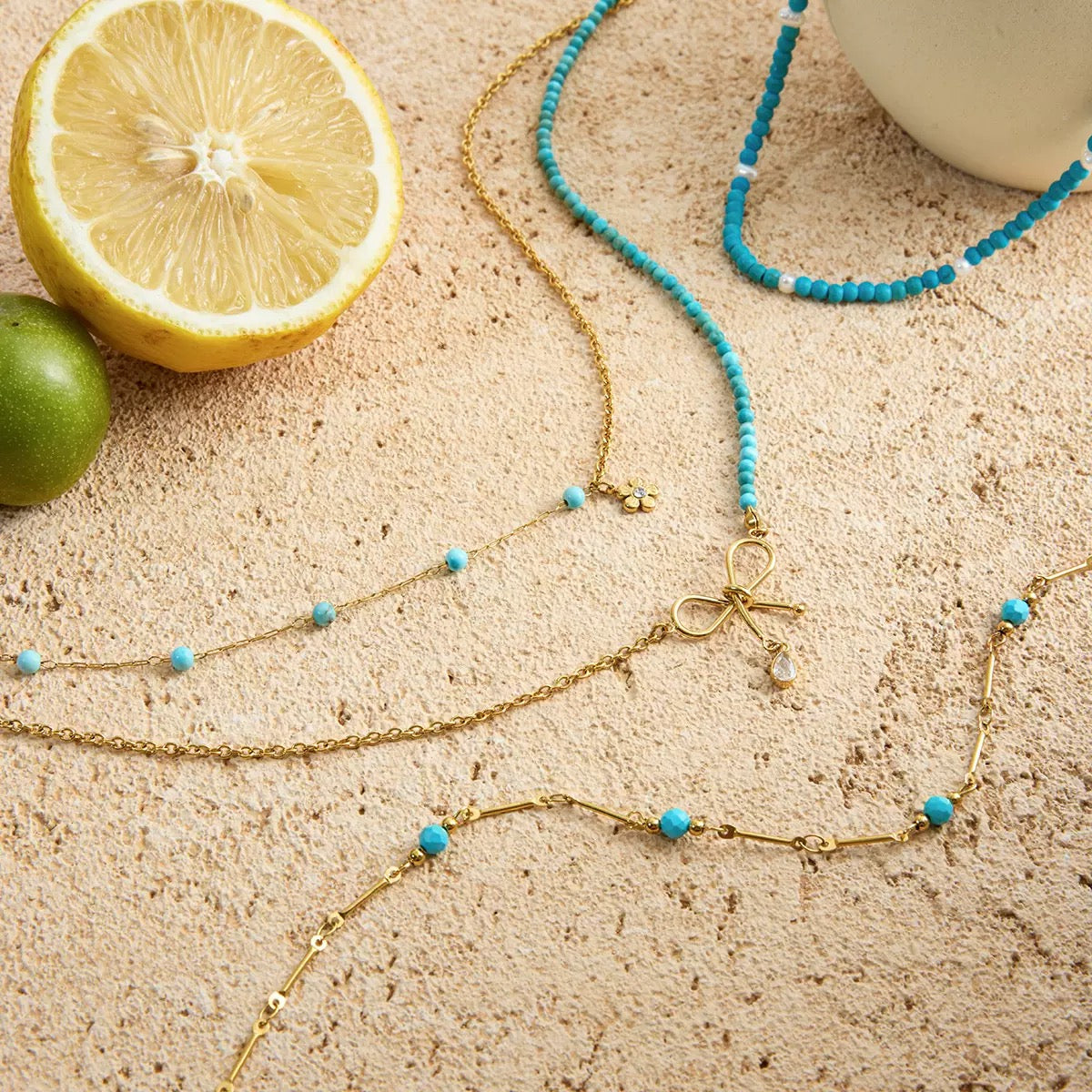 18K Gold Turquoise Bow Layered Necklace