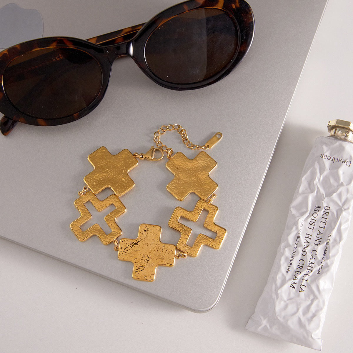 14K Gold Hammered Cross Bracelet