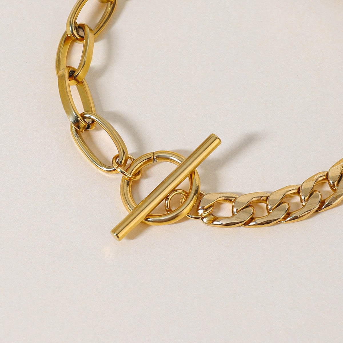 14K Gold Cuban × Oval Link Heart Pendant Bracelet