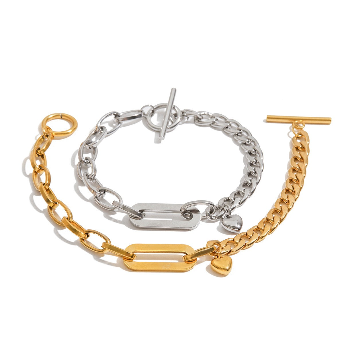 14K Gold Cuban × Oval Link Heart Pendant Bracelet