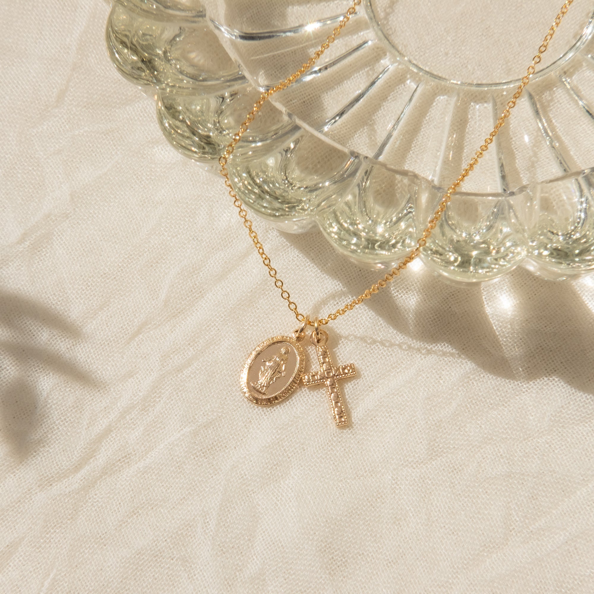 Tiny Virgin Mary & Cross Necklace