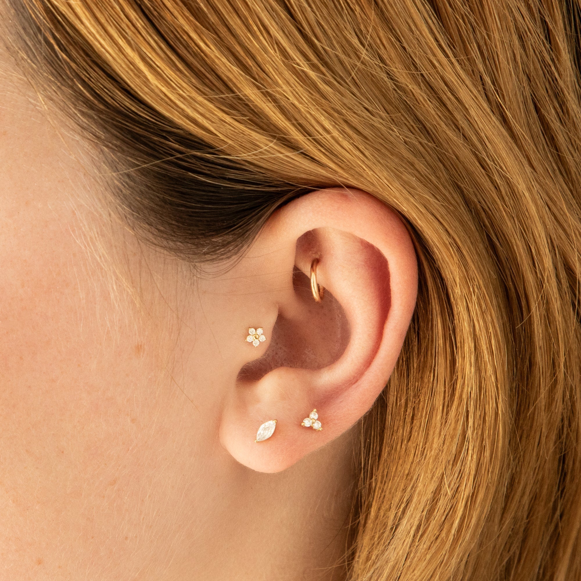 Triple CZ Flat Back Stud Earring
