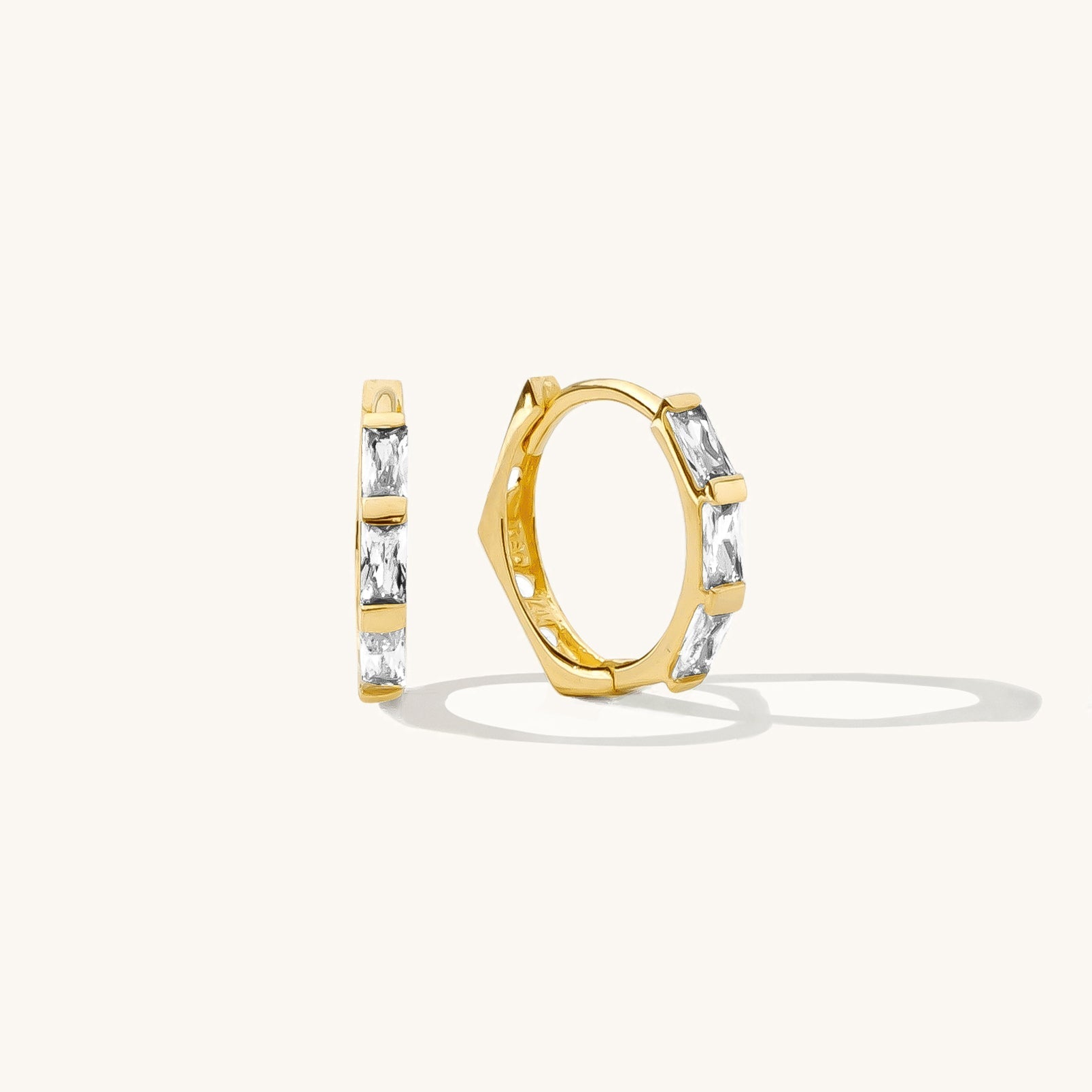 Triple Baguette Huggie Hoop Earrings - 14k Solid Gold