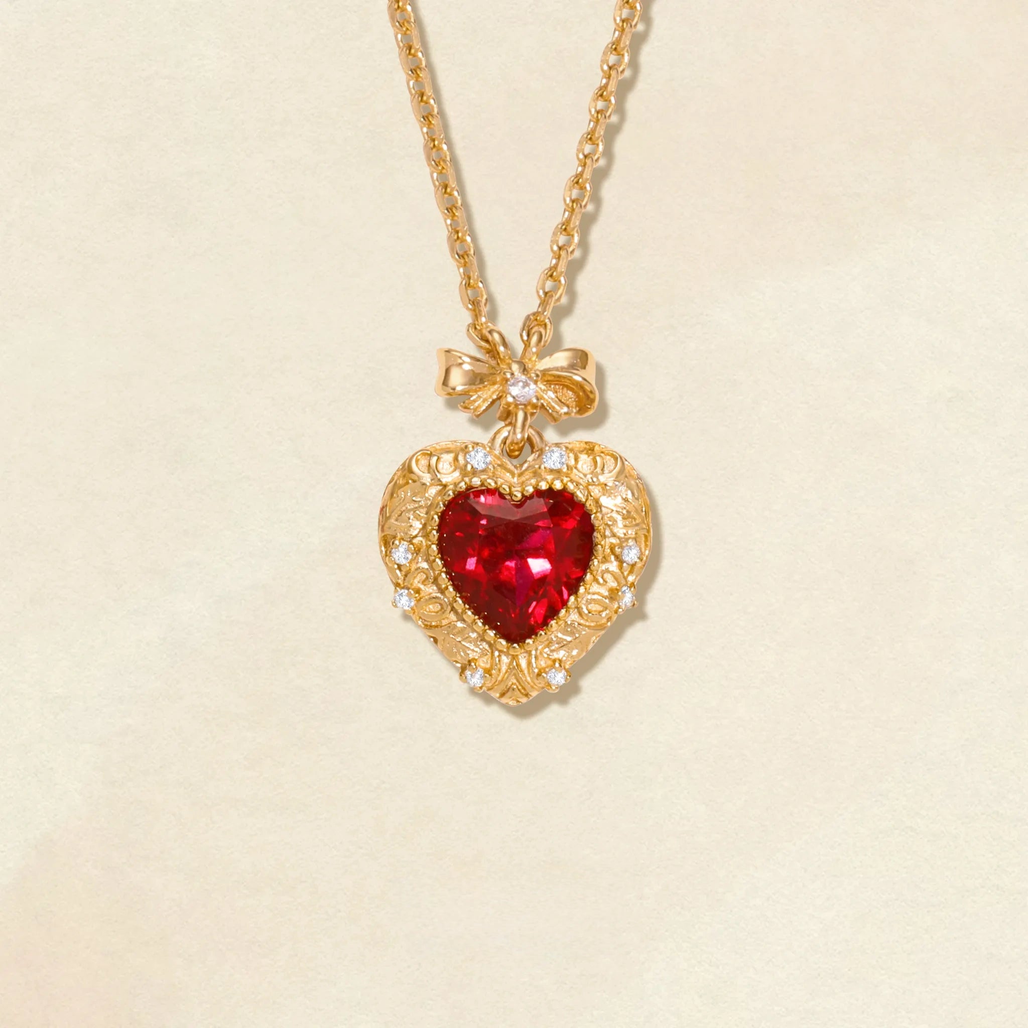 Vintage Ruby Heart Bow Necklace