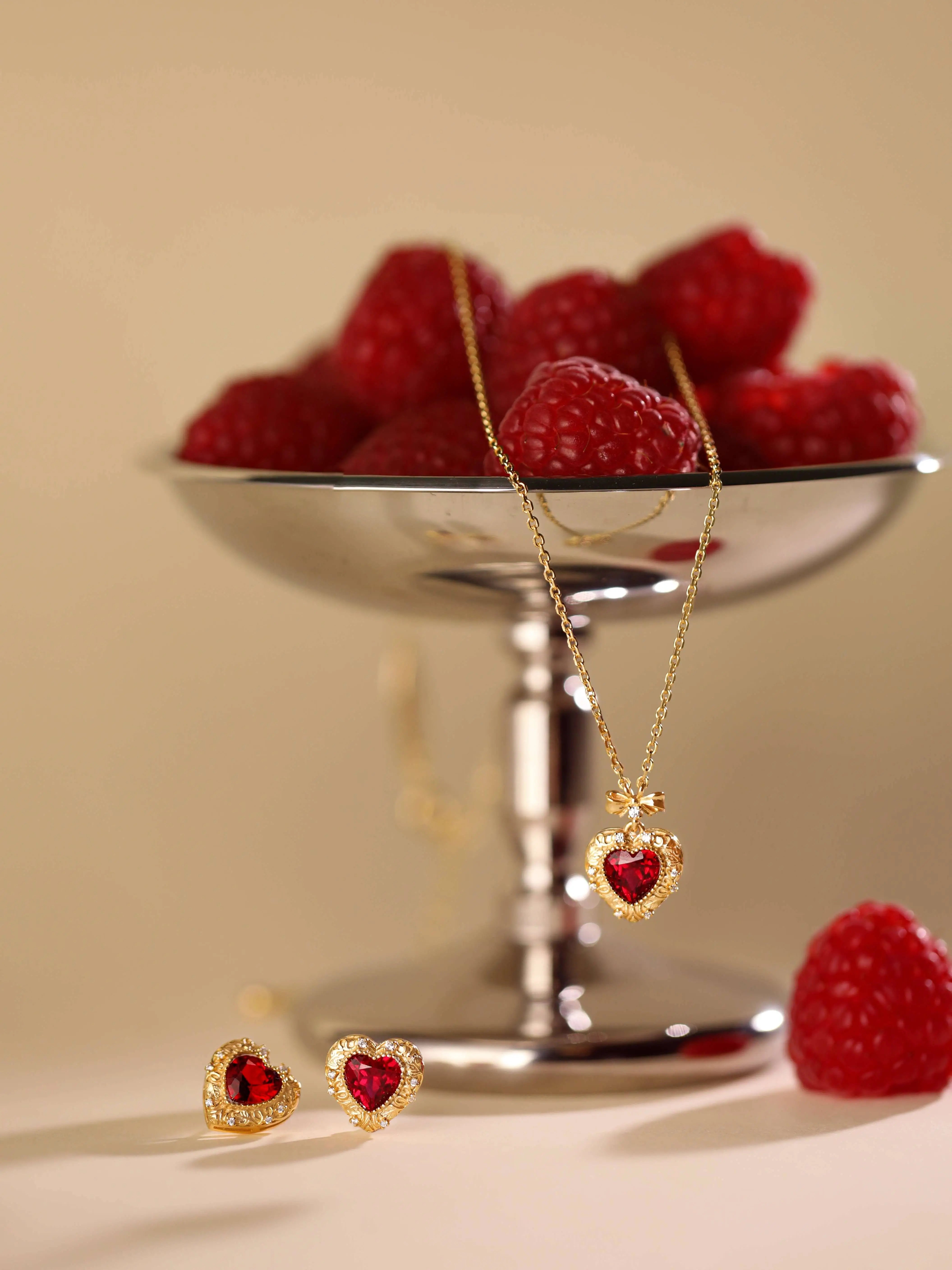 Vintage Ruby Heart Bow Necklace