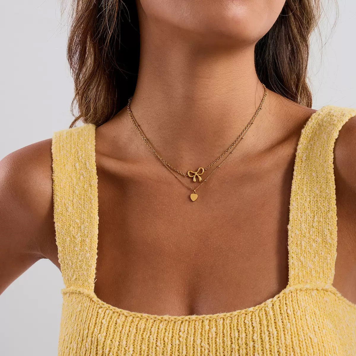 18K Gold Bow & Heart Layered Necklace