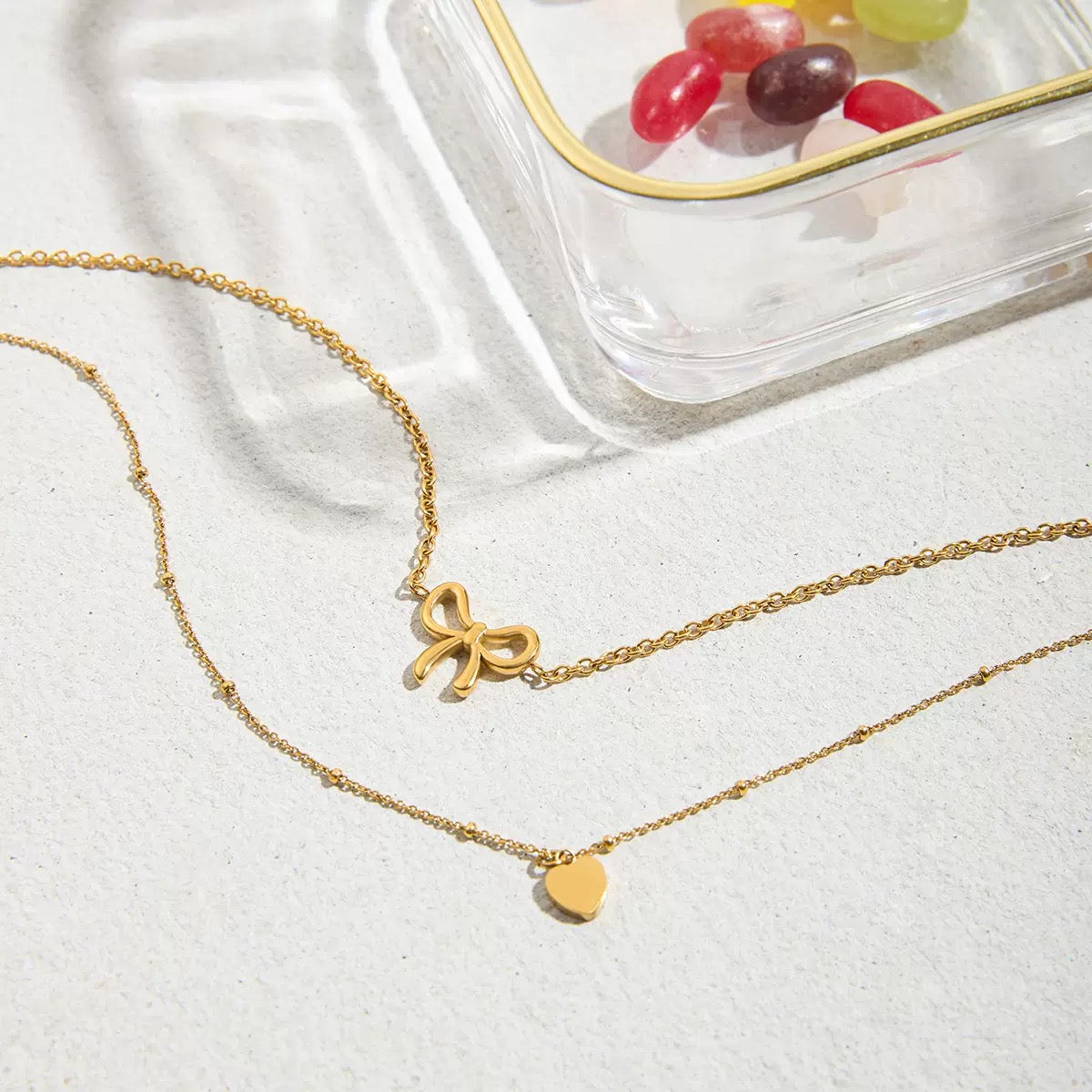 18K Gold Bow & Heart Layered Necklace