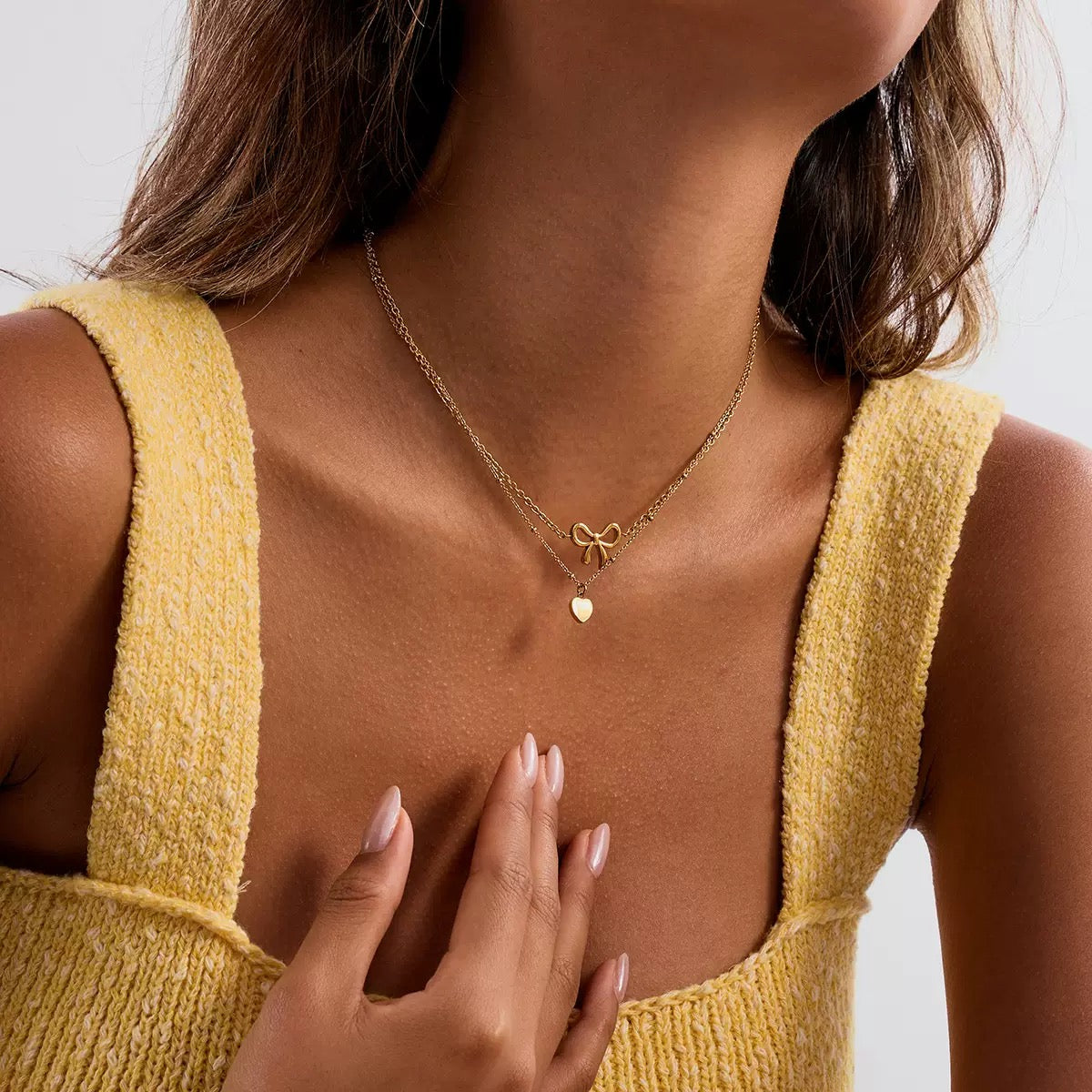18K Gold Bow & Heart Layered Necklace