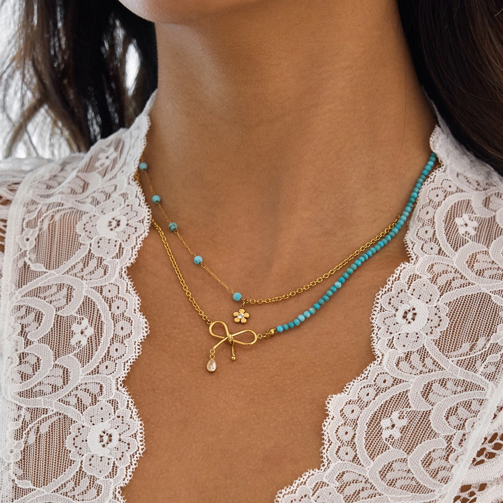 18K Gold Turquoise Bow Layered Necklace