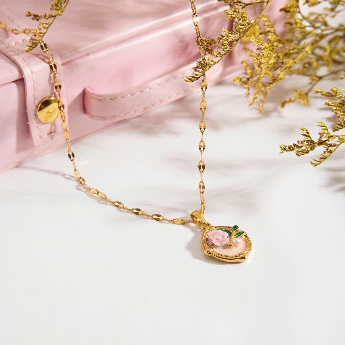 Vintage Enamel Rose Necklace