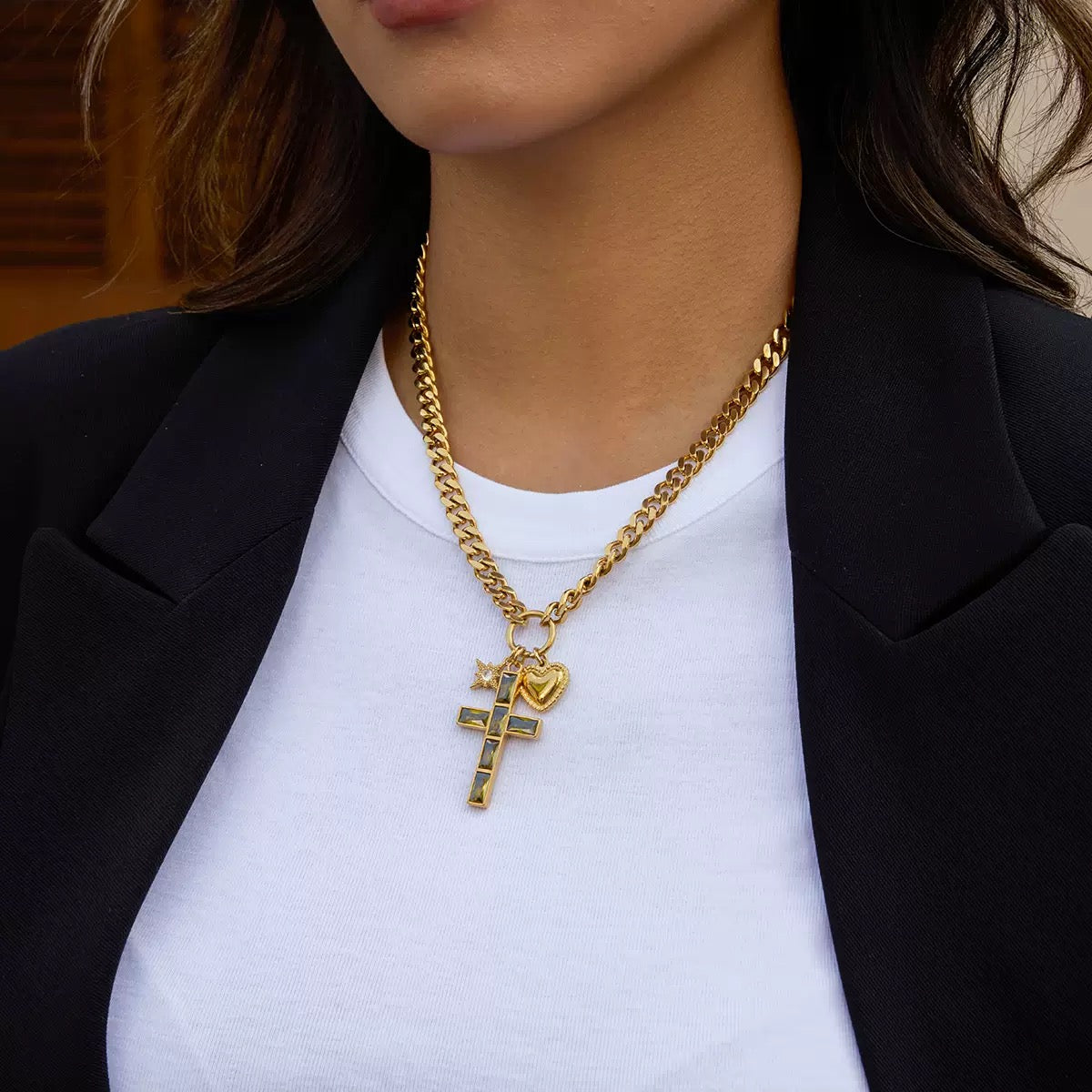 14K Gold Cross Pendant Curb Chain Necklace