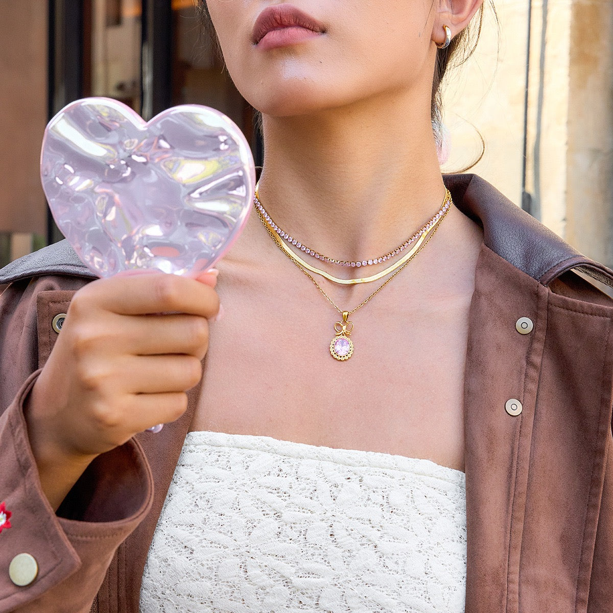 14K Gold Vintage Bow Gem Pendant Necklace