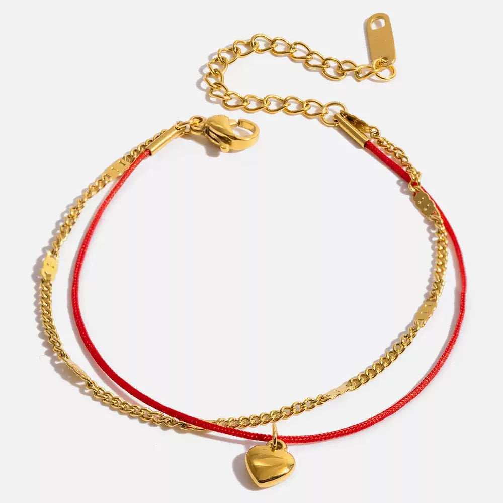 14K Gold Heart Pendant Red Cord Double-Layer Bracelet