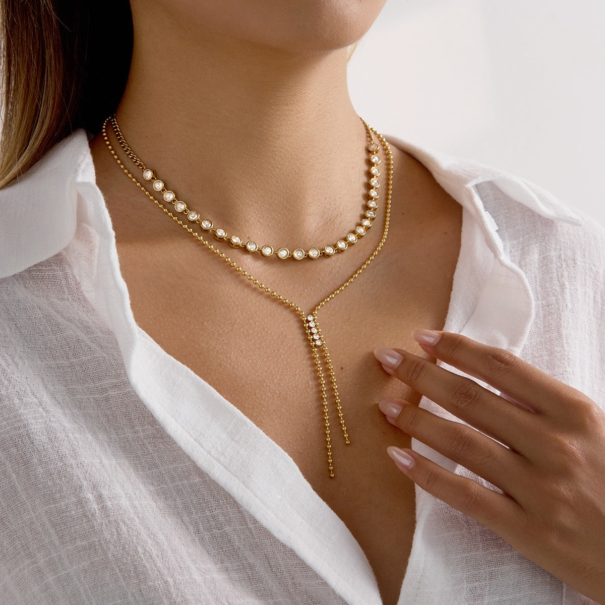 14K Gold Y-Shaped Crystal Bead Necklace