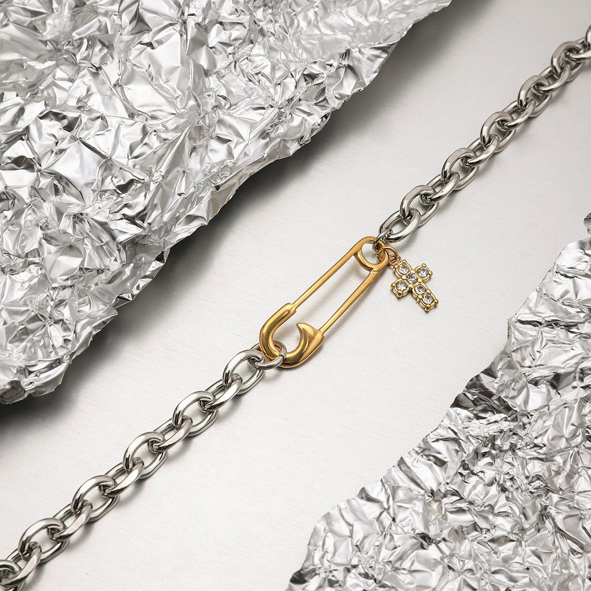 Two-Tone Cross & Safety Pin Pendant Bracelet