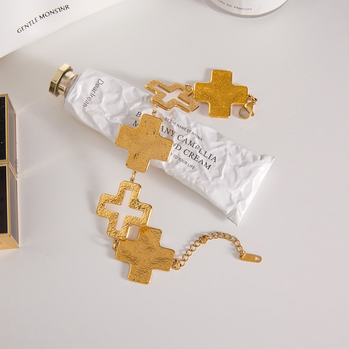 14K Gold Hammered Cross Bracelet