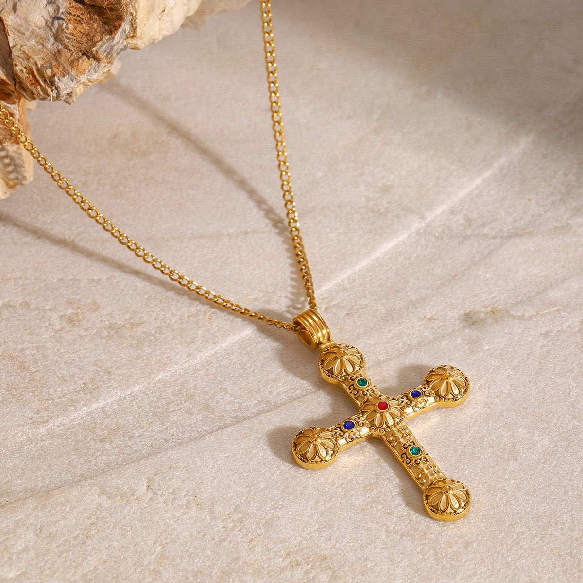 14K Gold Cross Necklace-Long 28" Chain