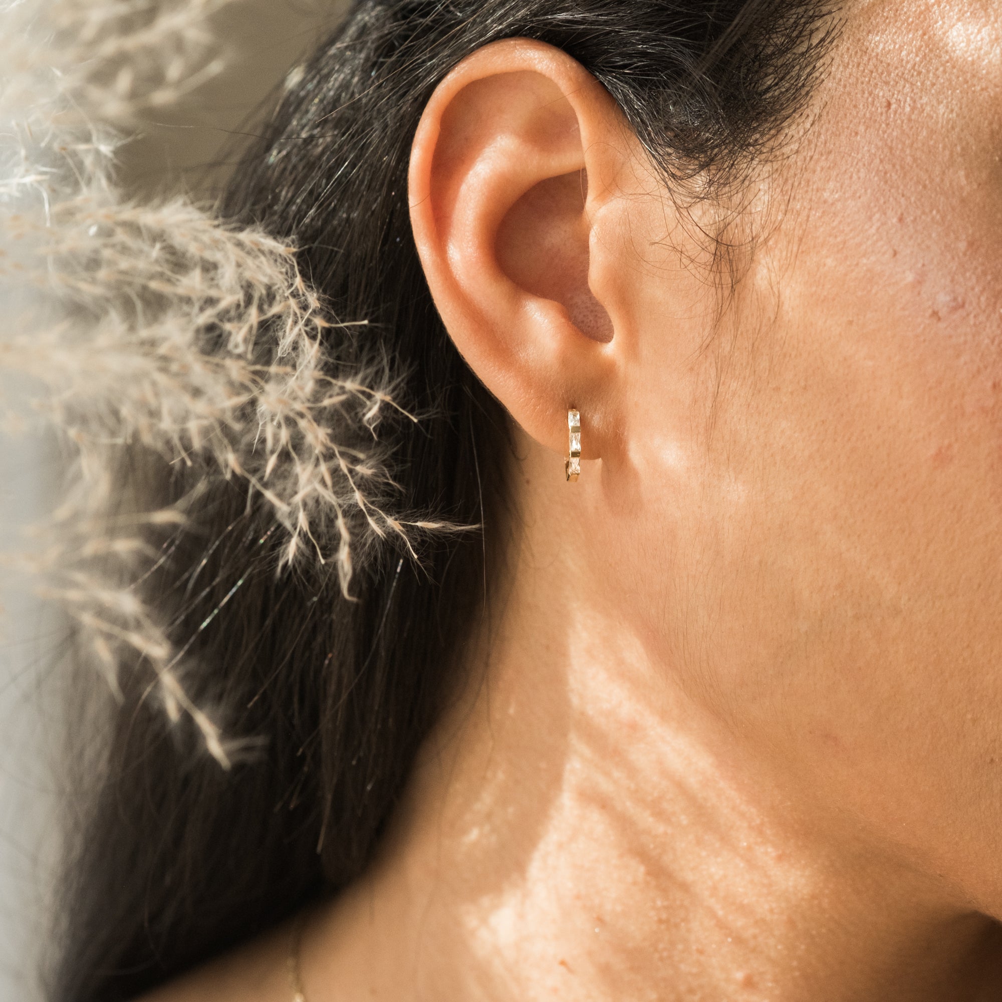 Triple Baguette Huggie Hoop Earrings - 14k Solid Gold