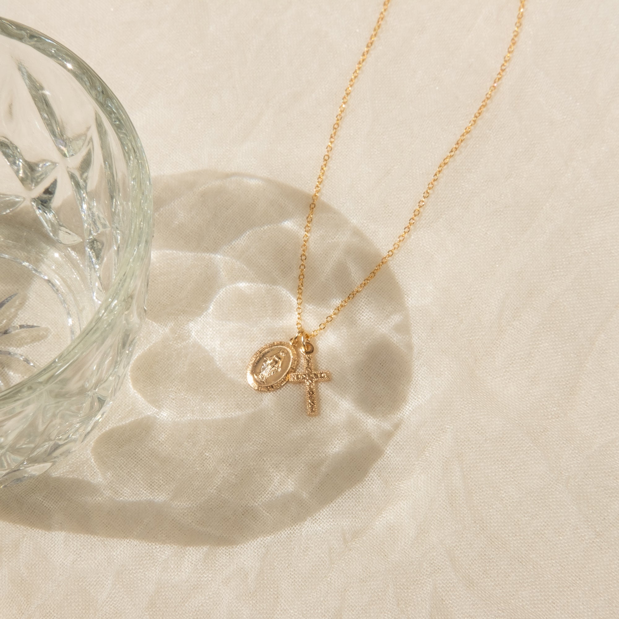 Tiny Virgin Mary & Cross Necklace