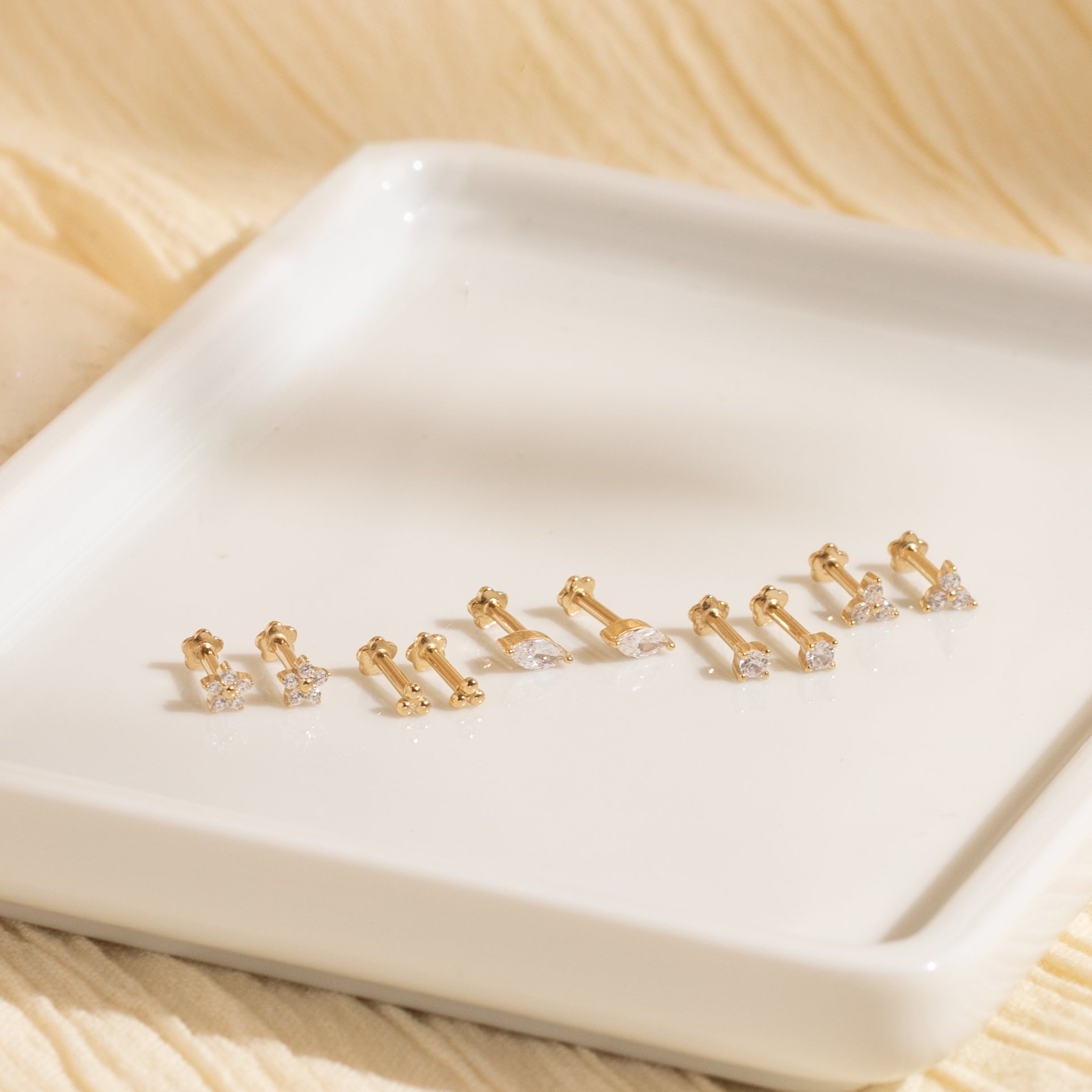 Triple CZ Flat Back Stud Earring