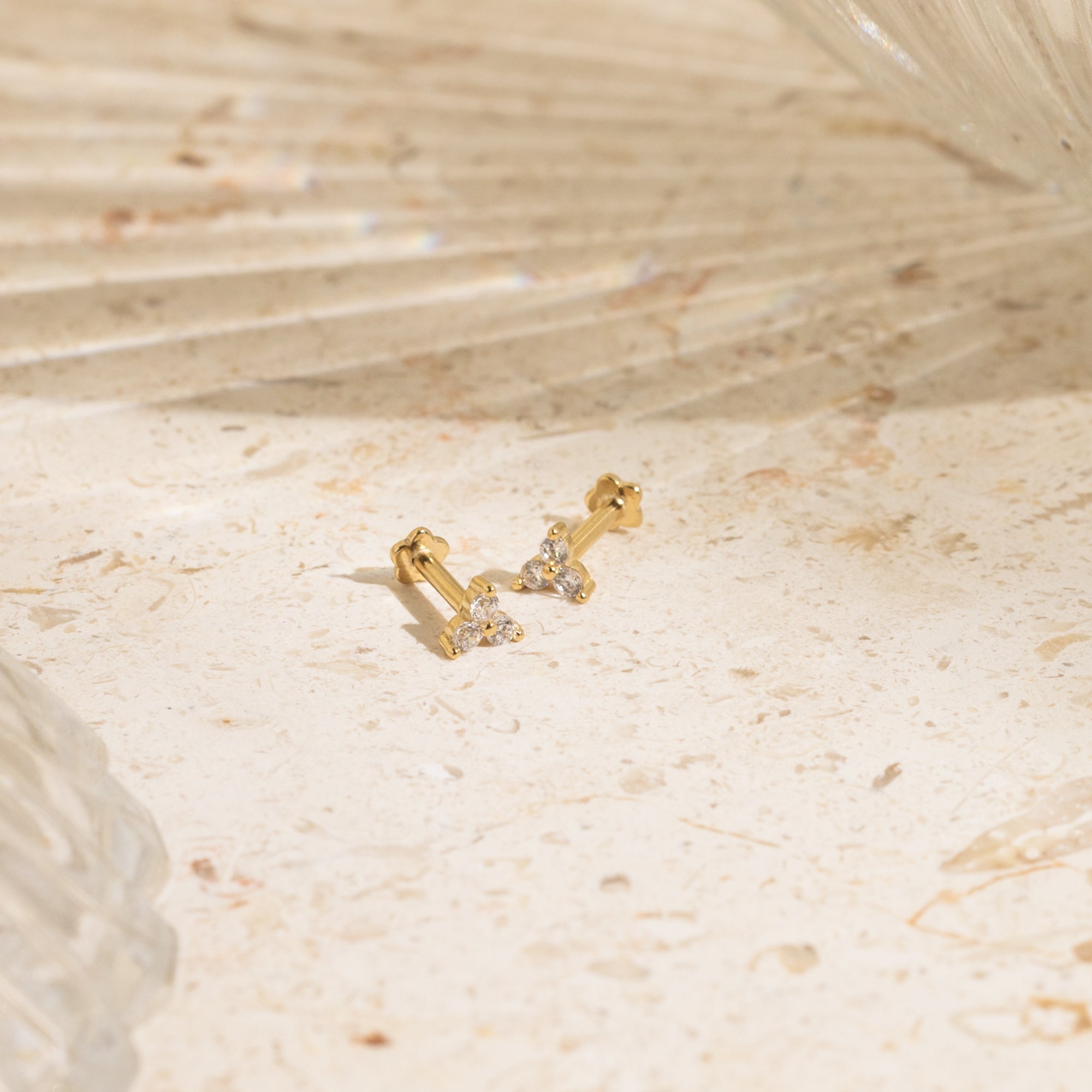 Triple CZ Flat Back Stud Earring