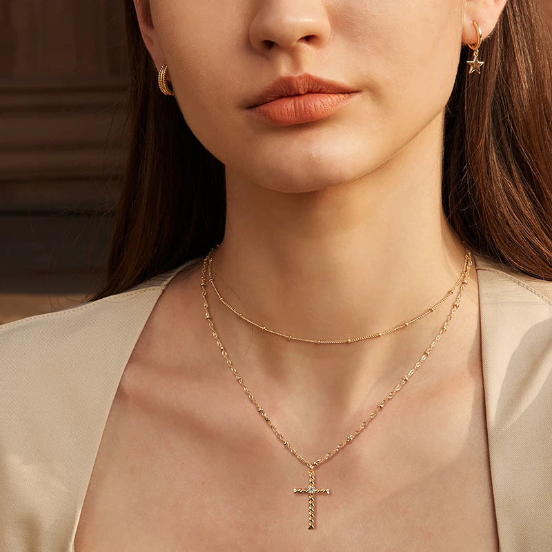 14K Gold Rope Cross Pendant Necklace