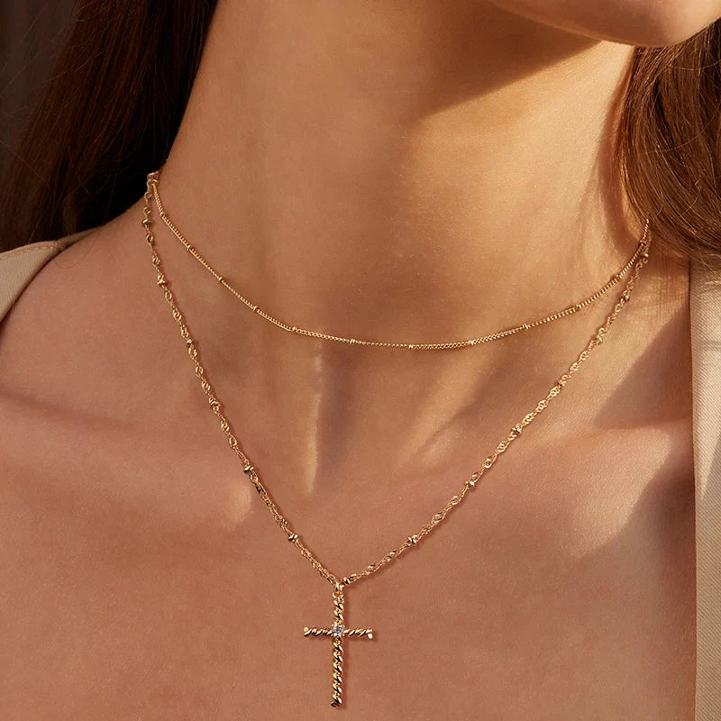 14K Gold Rope Cross Pendant Necklace