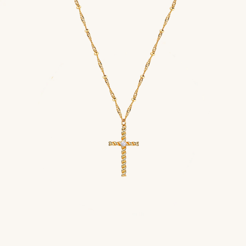 14K Gold Rope Cross Pendant Necklace