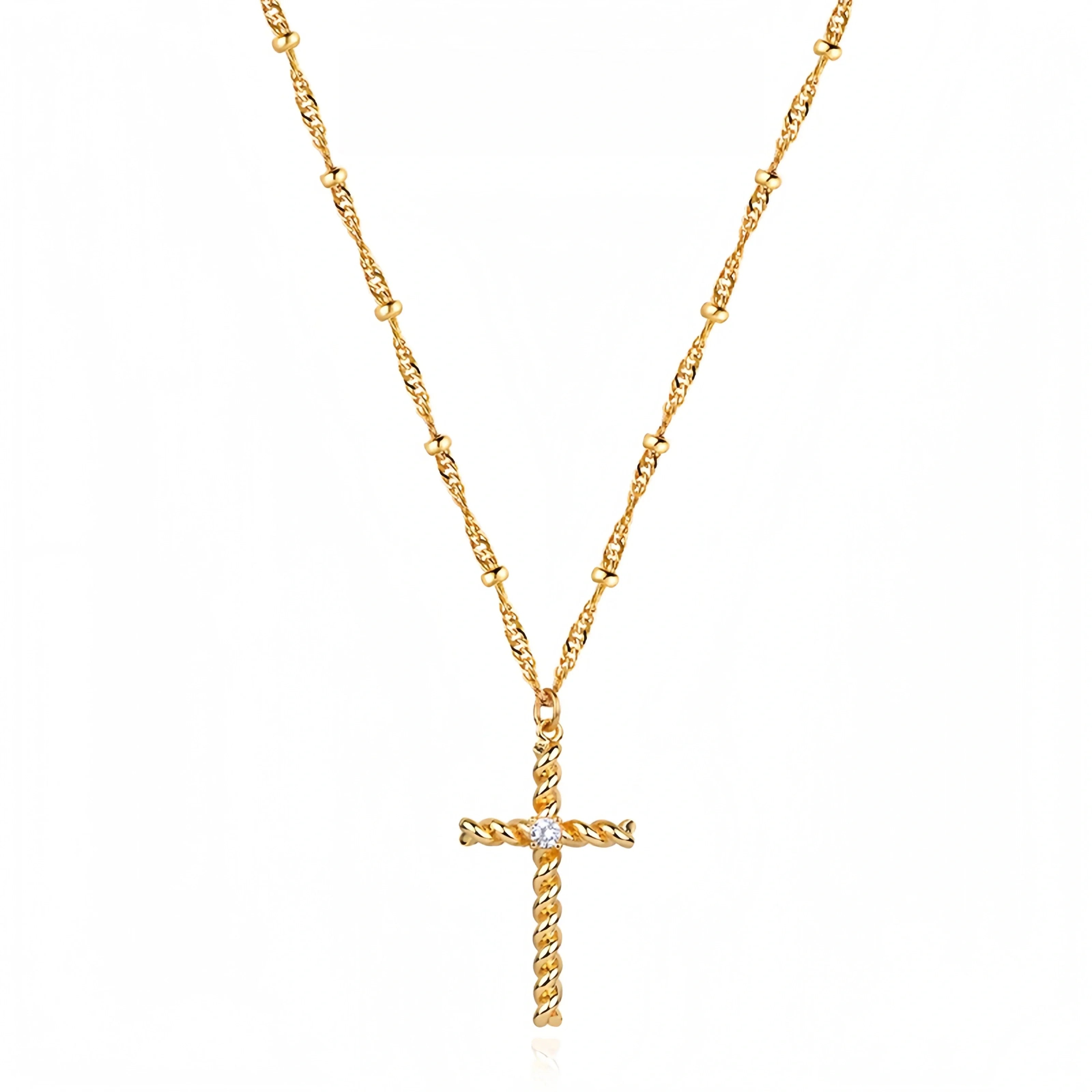 14K Gold Rope Cross Pendant Necklace
