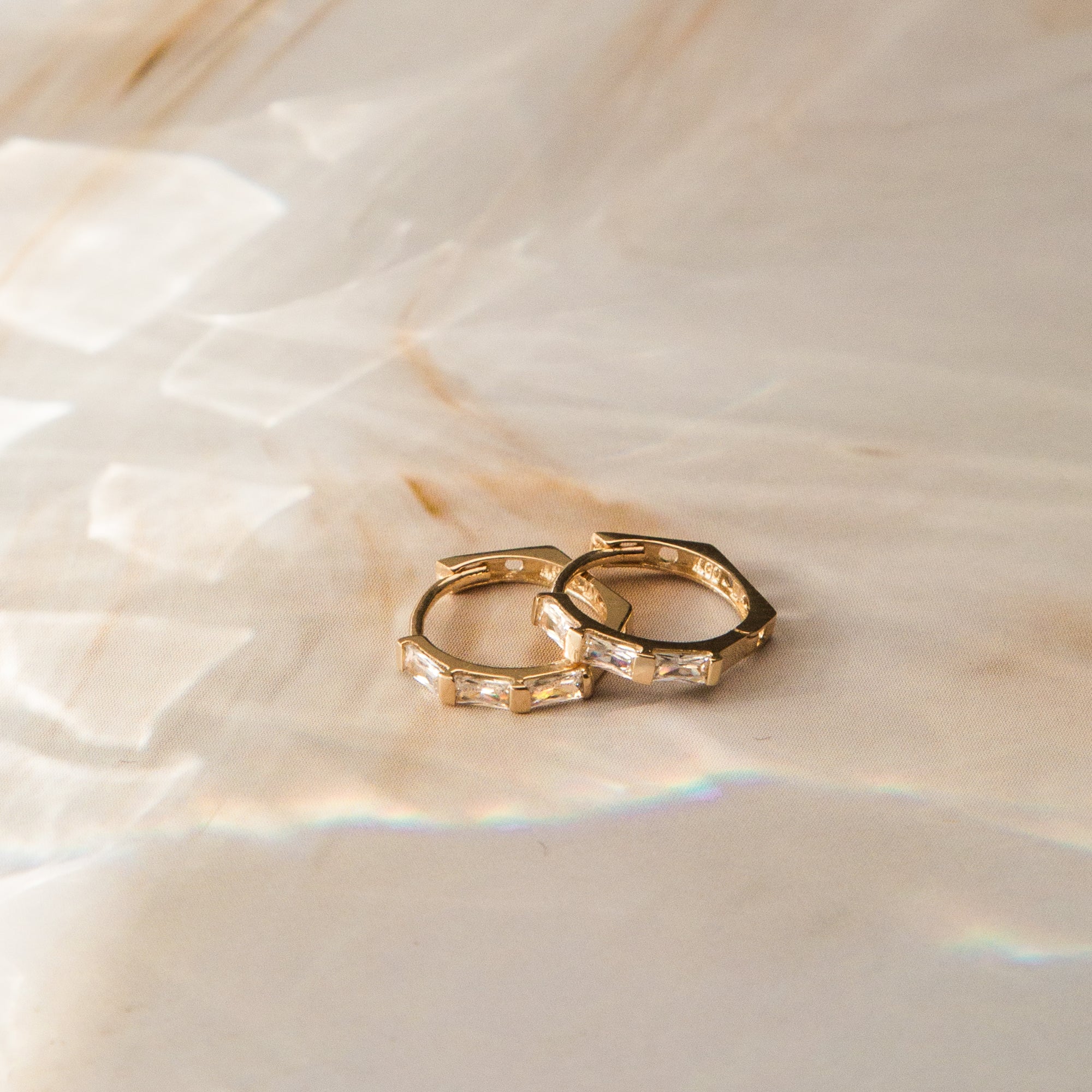 Triple Baguette Huggie Hoop Earrings - 14k Solid Gold