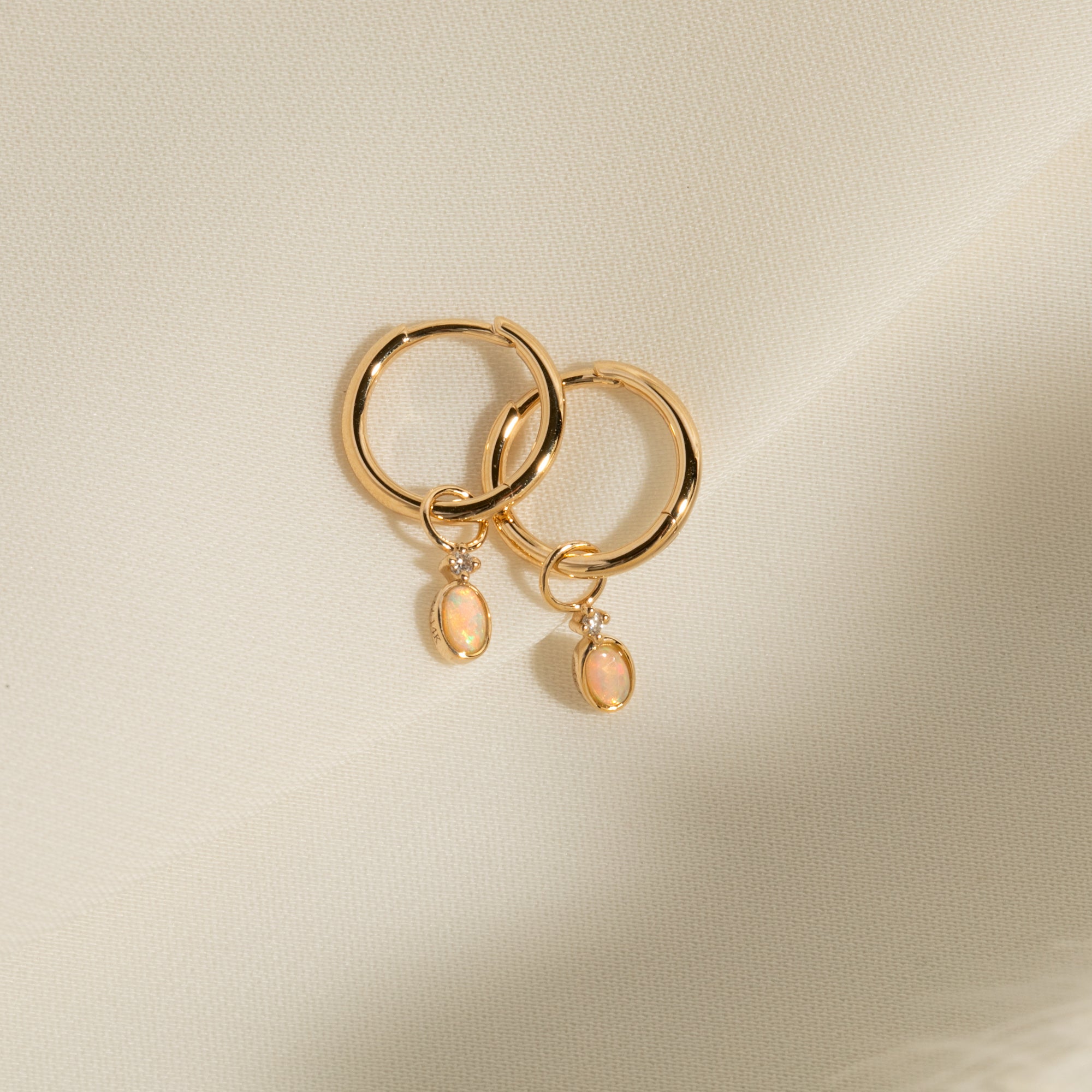 Dainty Opal + Diamond Hoop Earrings